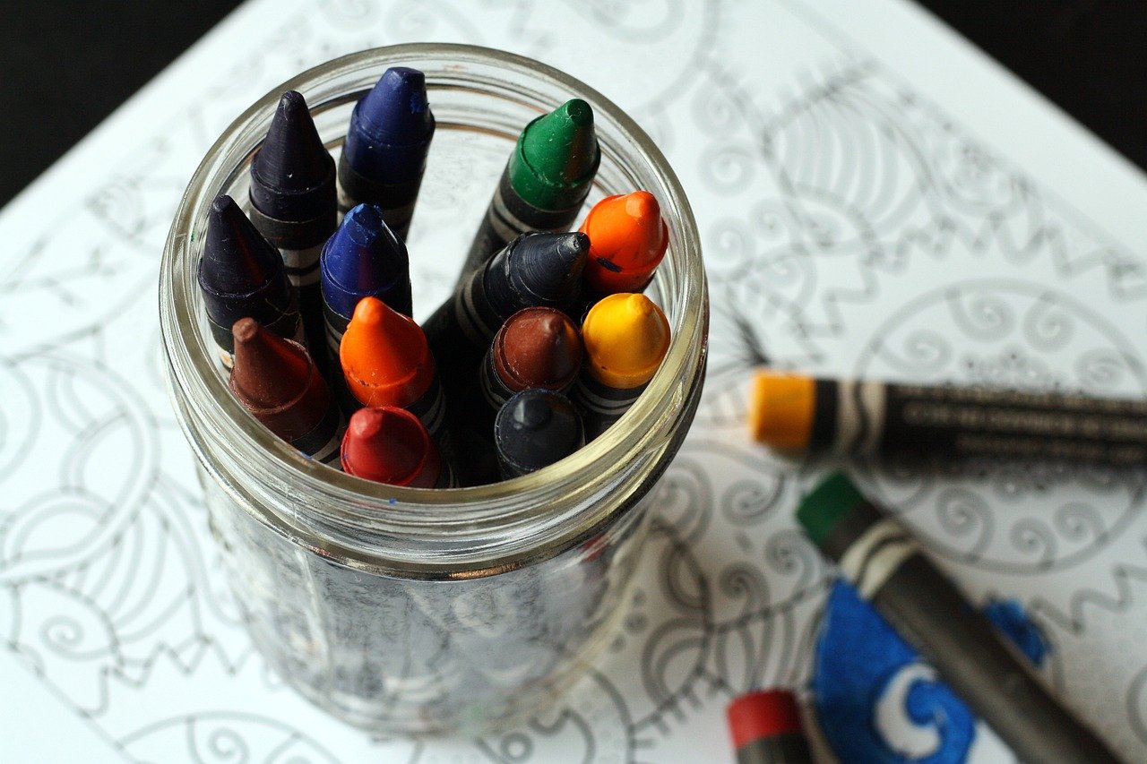 crayons, coloring book, coloring